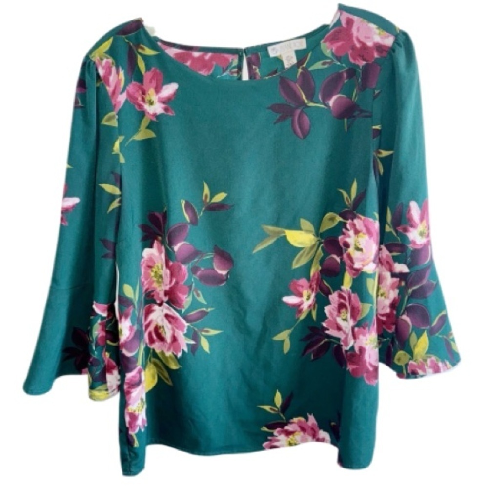 Eliane Rose Green/Pink Floral Blouse Keyhole Back Bell Sleeve Sz Large - Picture 2 of 9